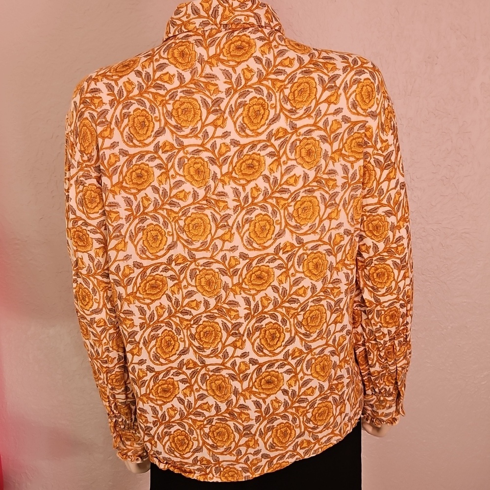 IVY JANE Retro Goldenrod Floral Ruffle Tuxedo Button Down Long Sleeve Shirt - Picture 6 of 9